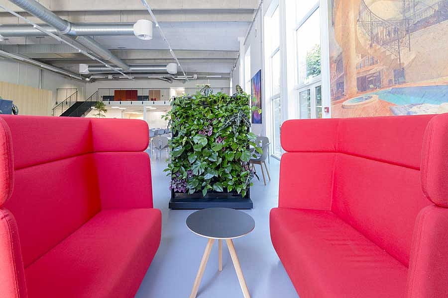 røde sofaer, planter, plantevæg,